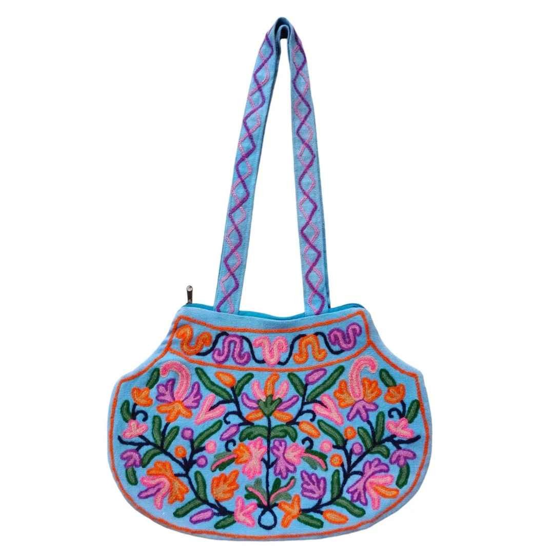 Kashmiri Blue Handbag Crewel Shoulder Bag Pentagon