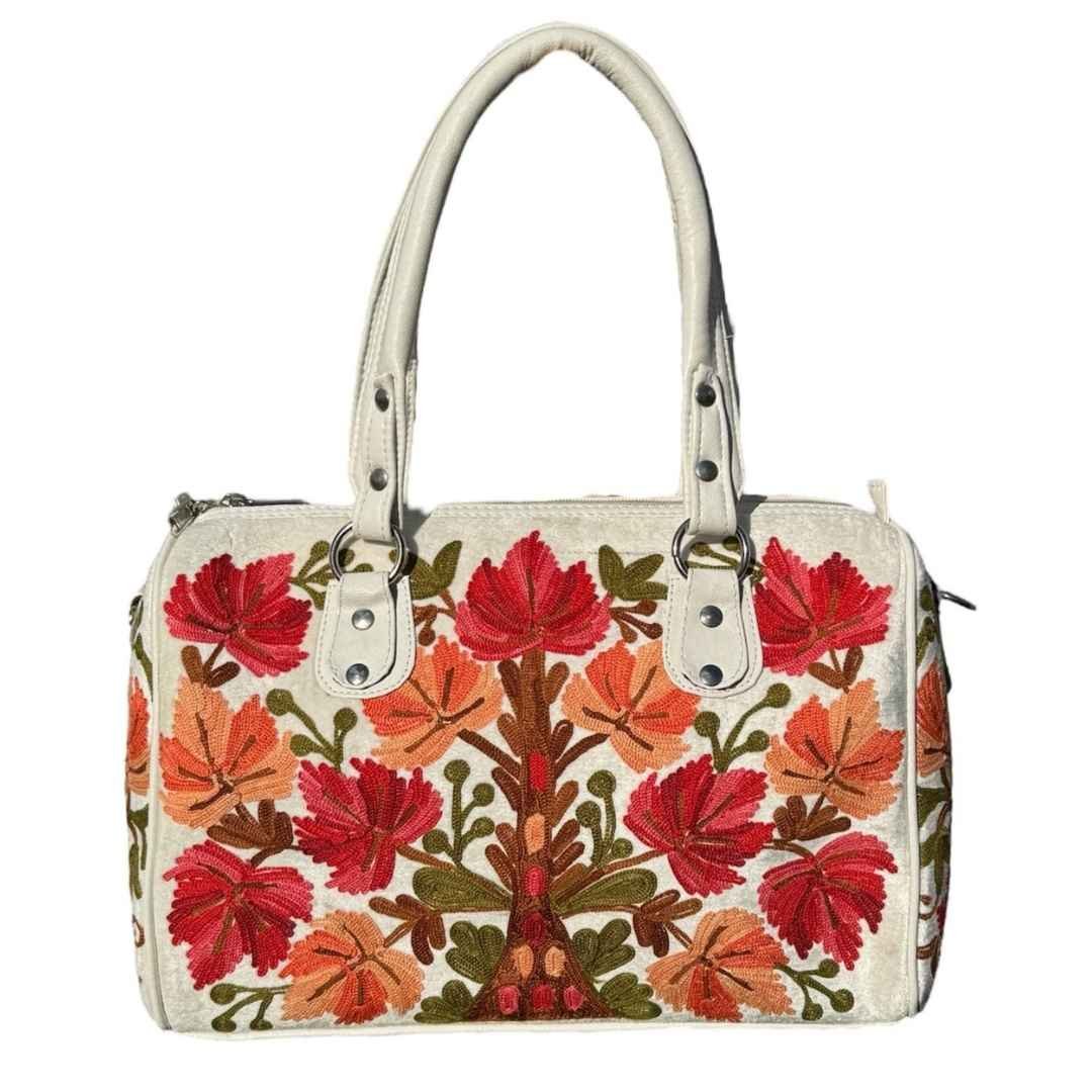 Kashmiri Embroidered White Cream Multi Color Large Sling Shoulder Faux Leather Handbag