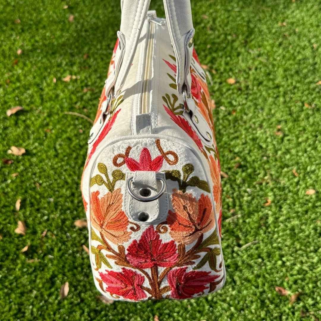Kashmiri Embroidered White Cream Multi Color Large Sling Shoulder Faux Leather Handbag